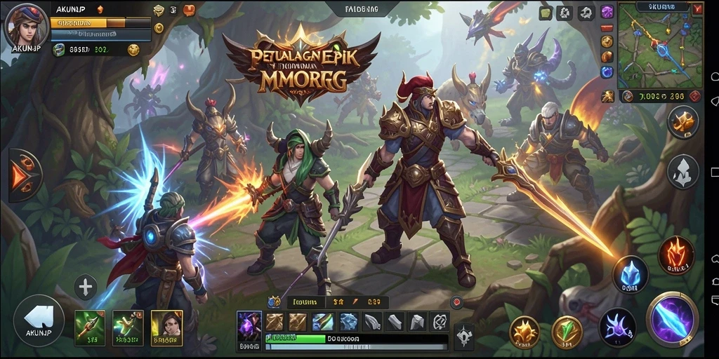 Screenshot gameplay <strong>AKUNJP</strong> menunjukkan pertempuran epik dan dunia yang indah.