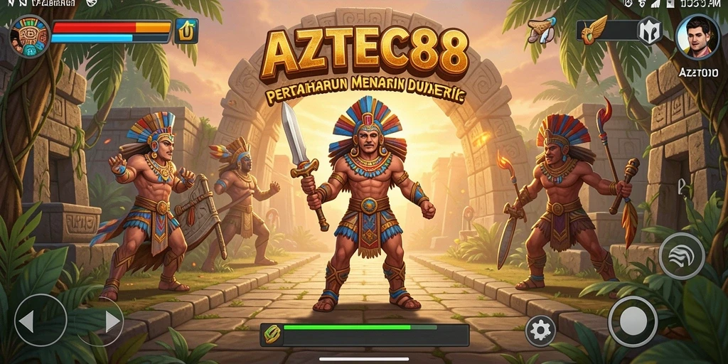 Tampilan gameplay menegangkan di AZTEC88 saat mempertahankan menara dari serangan musuh.