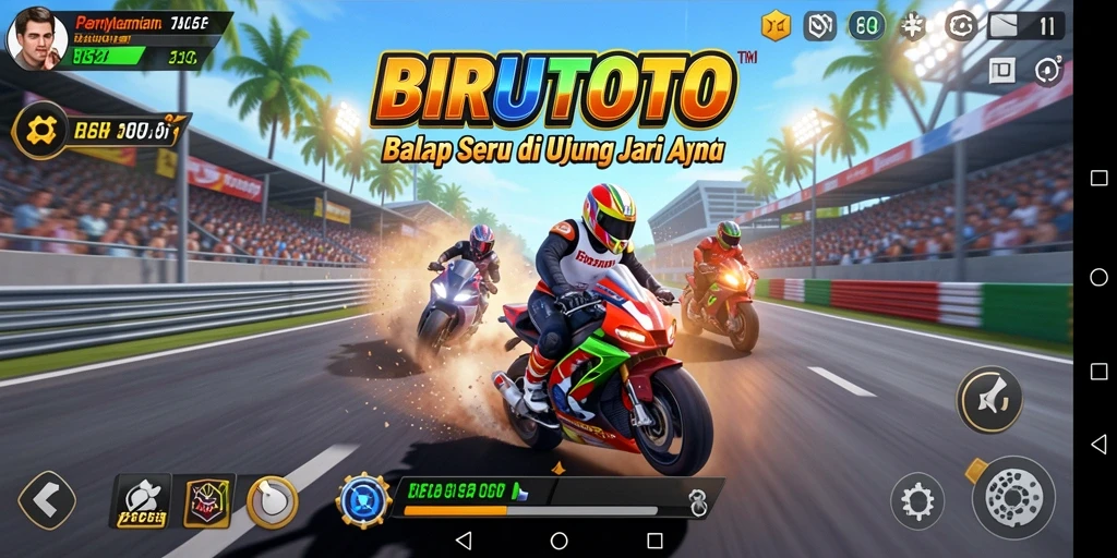 Screenshot gameplay BIRUTOTO menampilkan aksi balap yang mendebarkan.