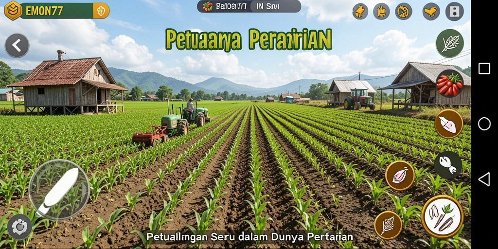 Screenshot gameplay EMON77 menampilkan petani merawat ladang.