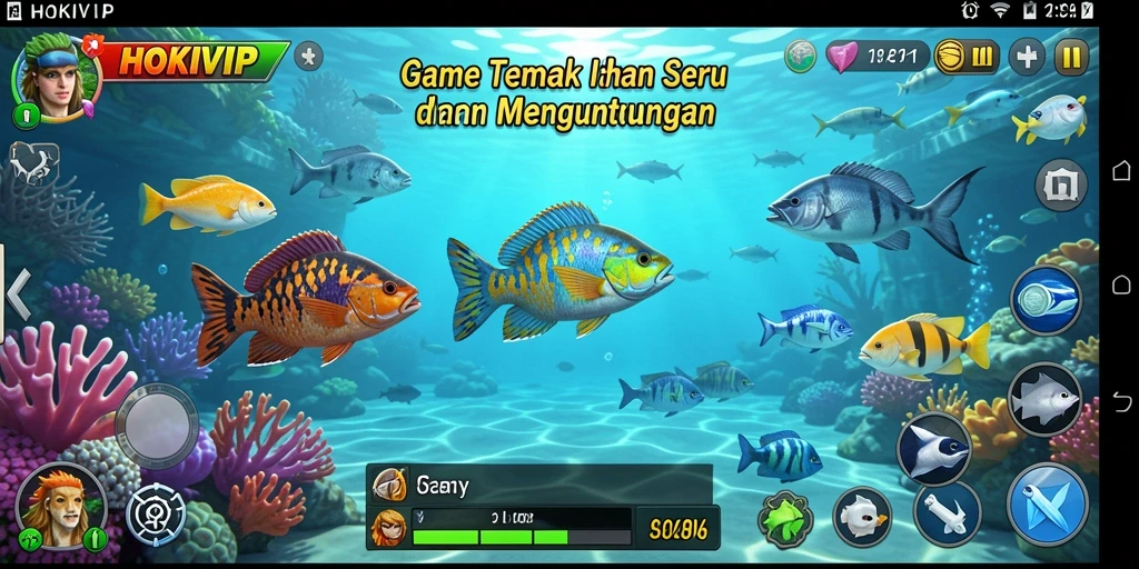 Tampilan gameplay HOKIVIP dengan ikan berwarna-warni yang menunggu untuk ditangkap.