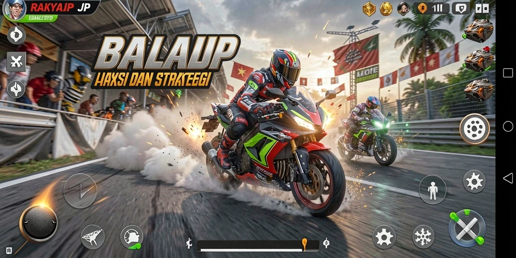 Gameplay RAKYATJP yang intens dan penuh aksi balapan motor.