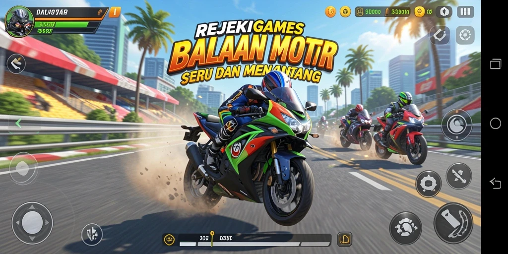 Screenshot gameplay REJEKIGAMES menampilkan balapan motor yang seru dan mendebarkan.